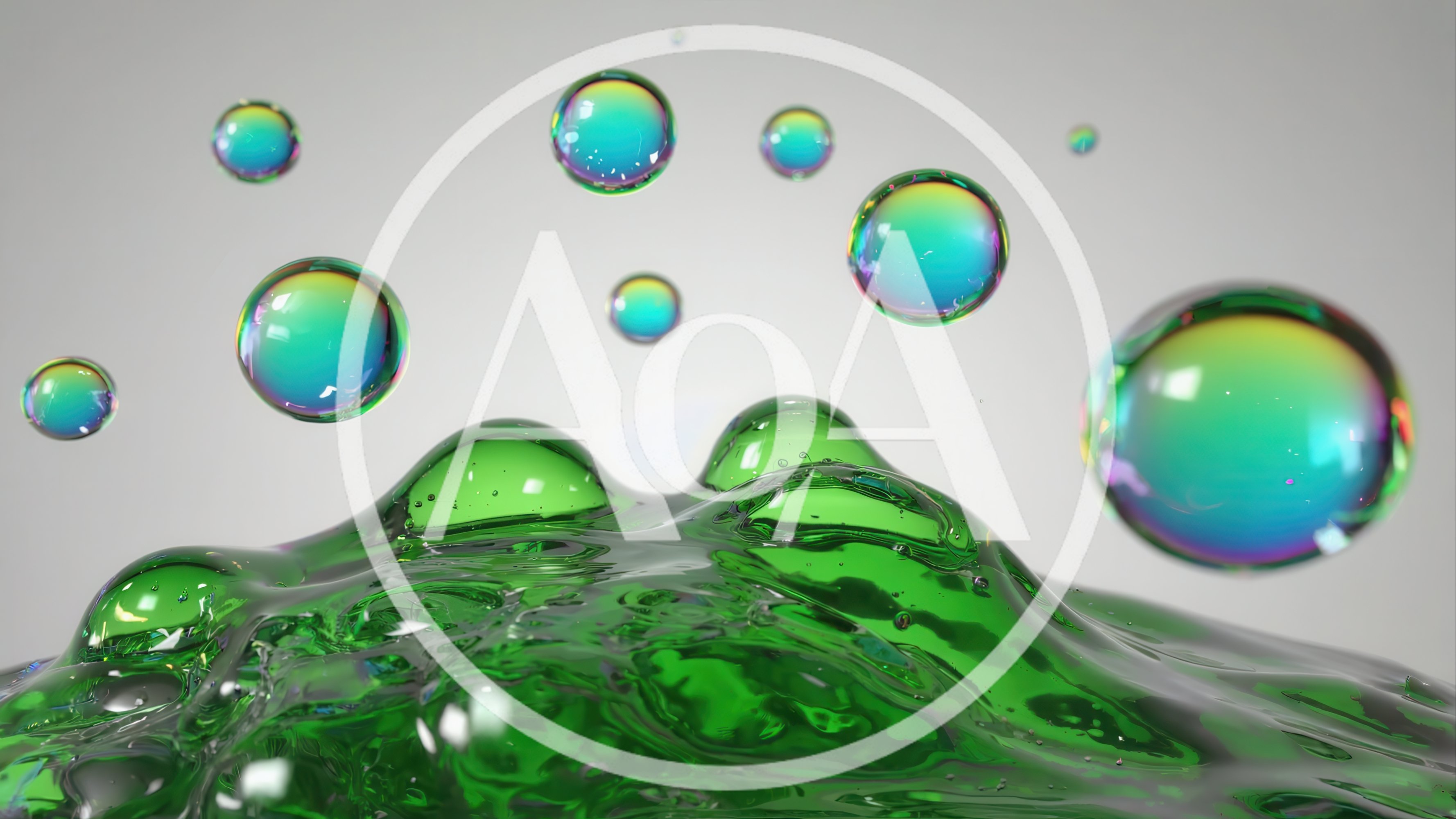 Abstract Green Liquid Surface With Floating Iridescent Bubbles