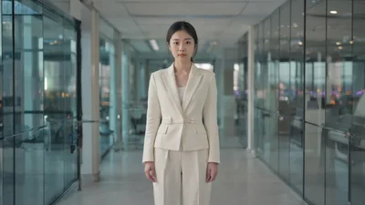 Professional Asian Businesswoman Standing In Modern Office Corridor