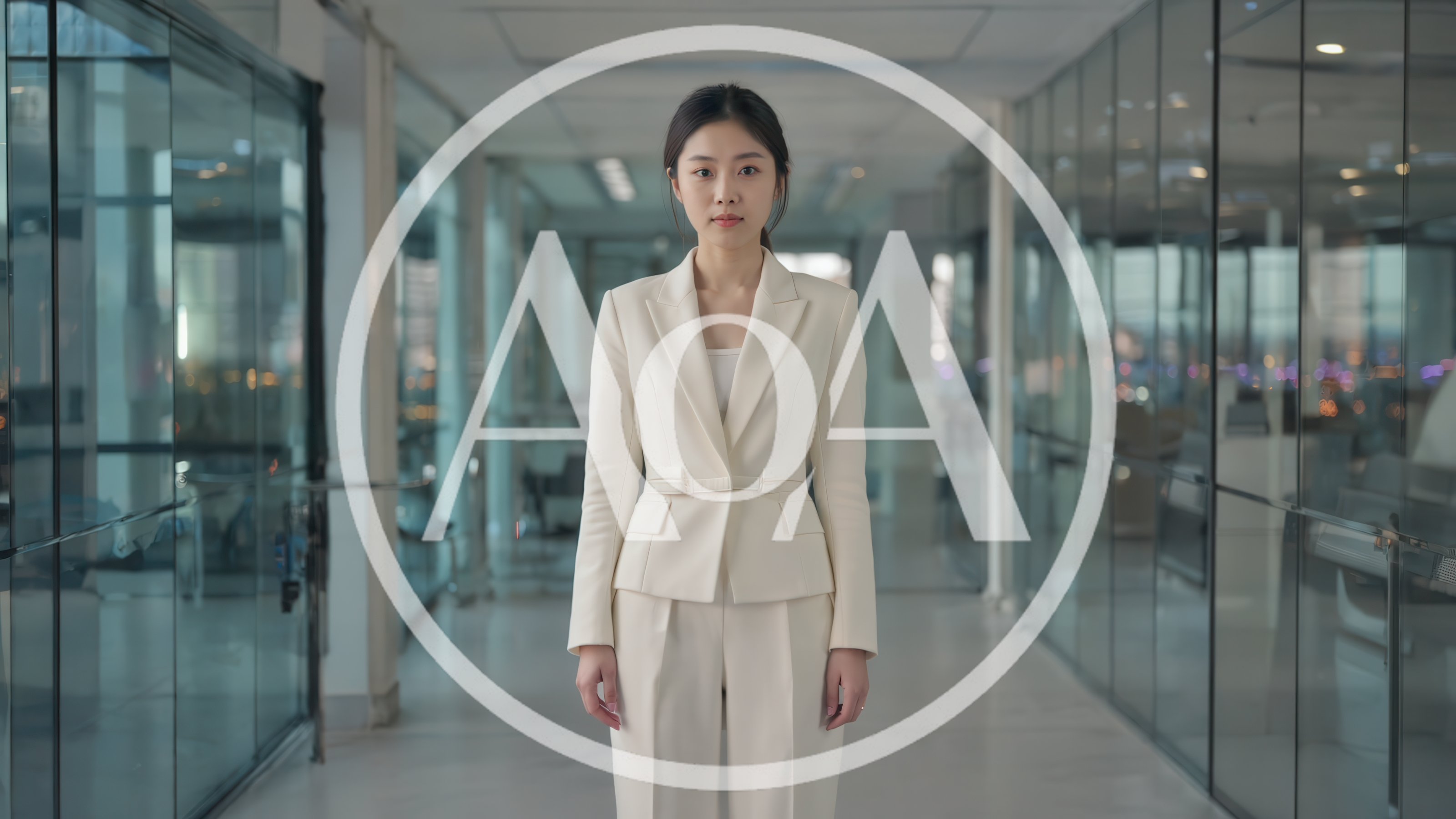 Professional Asian Businesswoman Standing In Modern Office Corridor