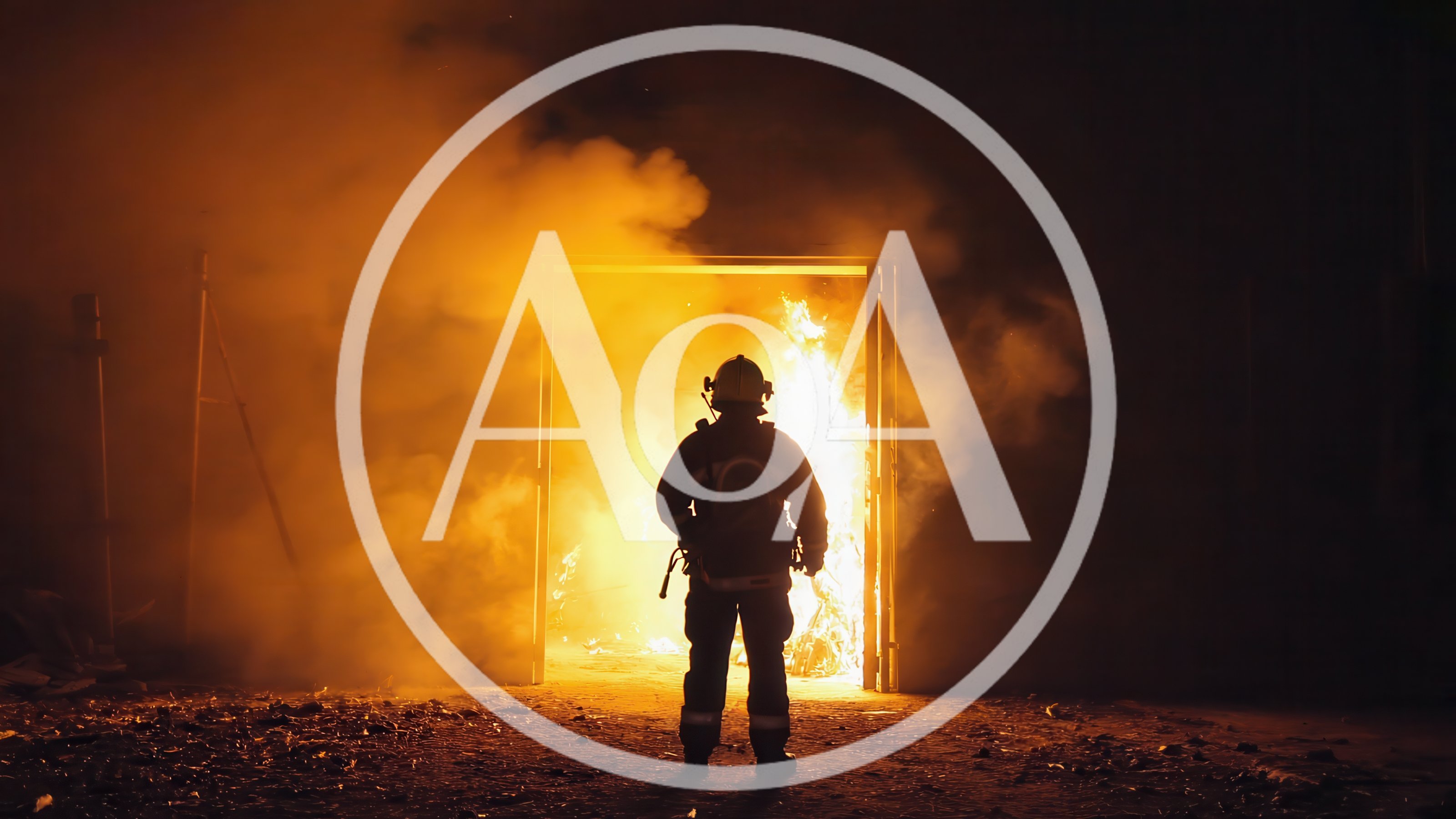 Firefighter Standing Before A Burning Doorway