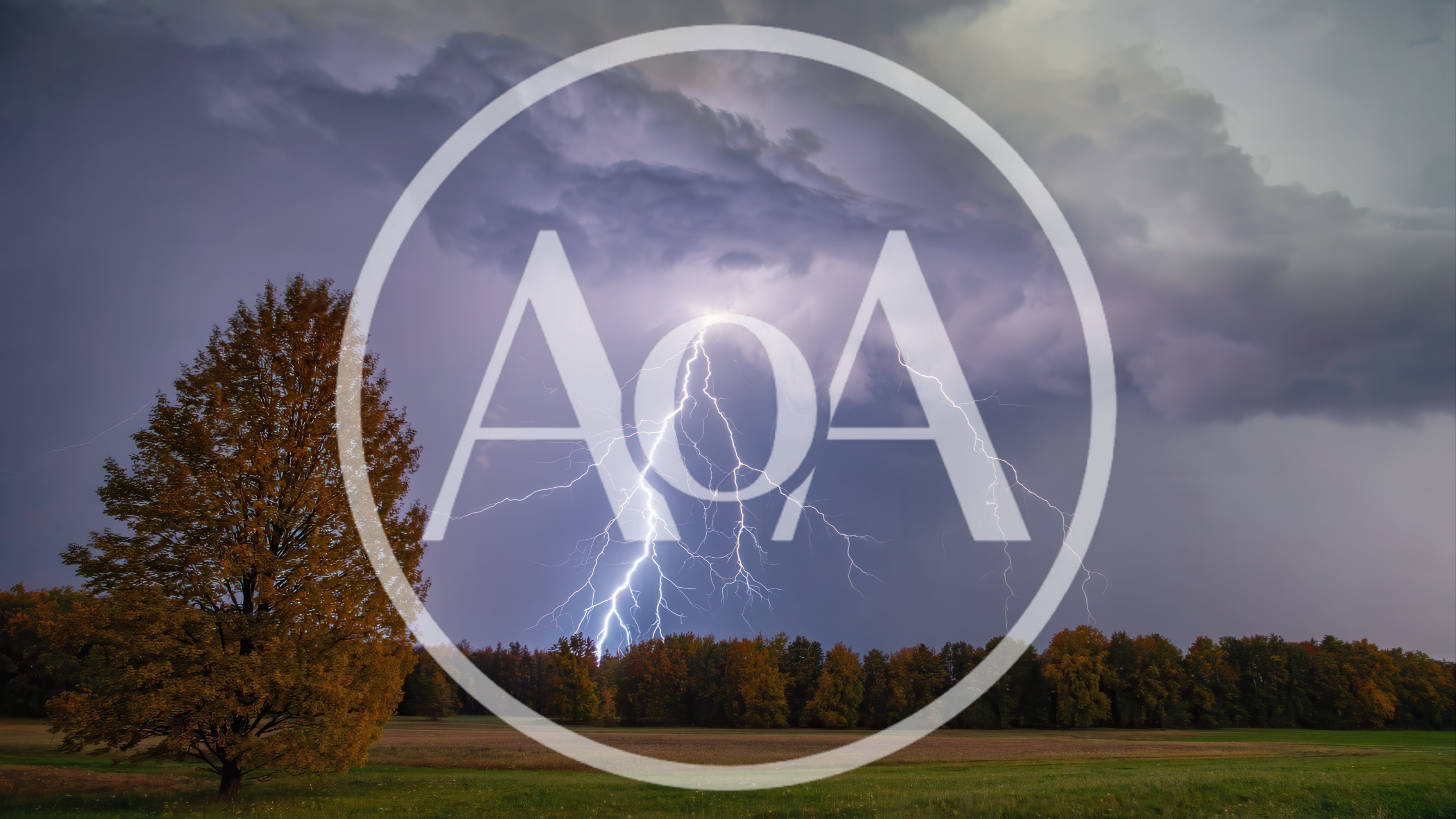 Powerful Lightning Strike Over Autumn Forest Landscape