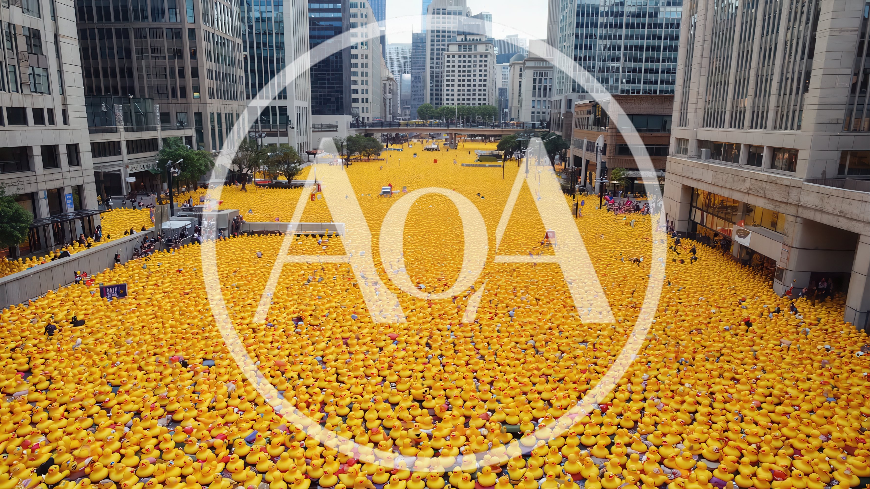 Massive Crowd Of Yellow Rubber Ducks In City Plaza