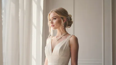 Elegant Blonde Bride Standing By A Bright Window