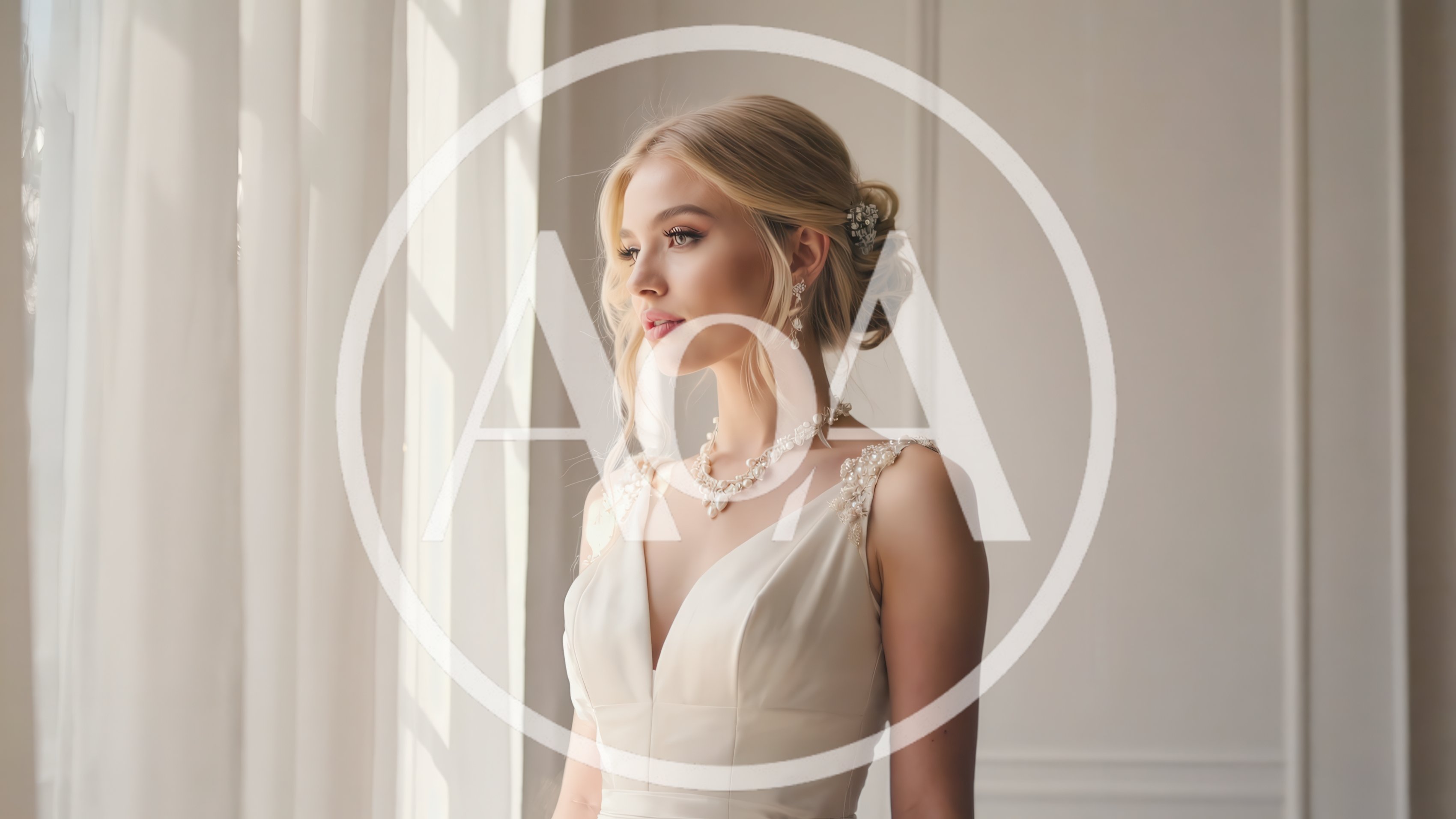 Elegant Blonde Bride Standing By A Bright Window