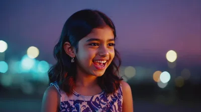 Happy Young Girl Smiling Outdoors At Night