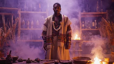 African Shaman Performing Ritual In Smoky Temple
