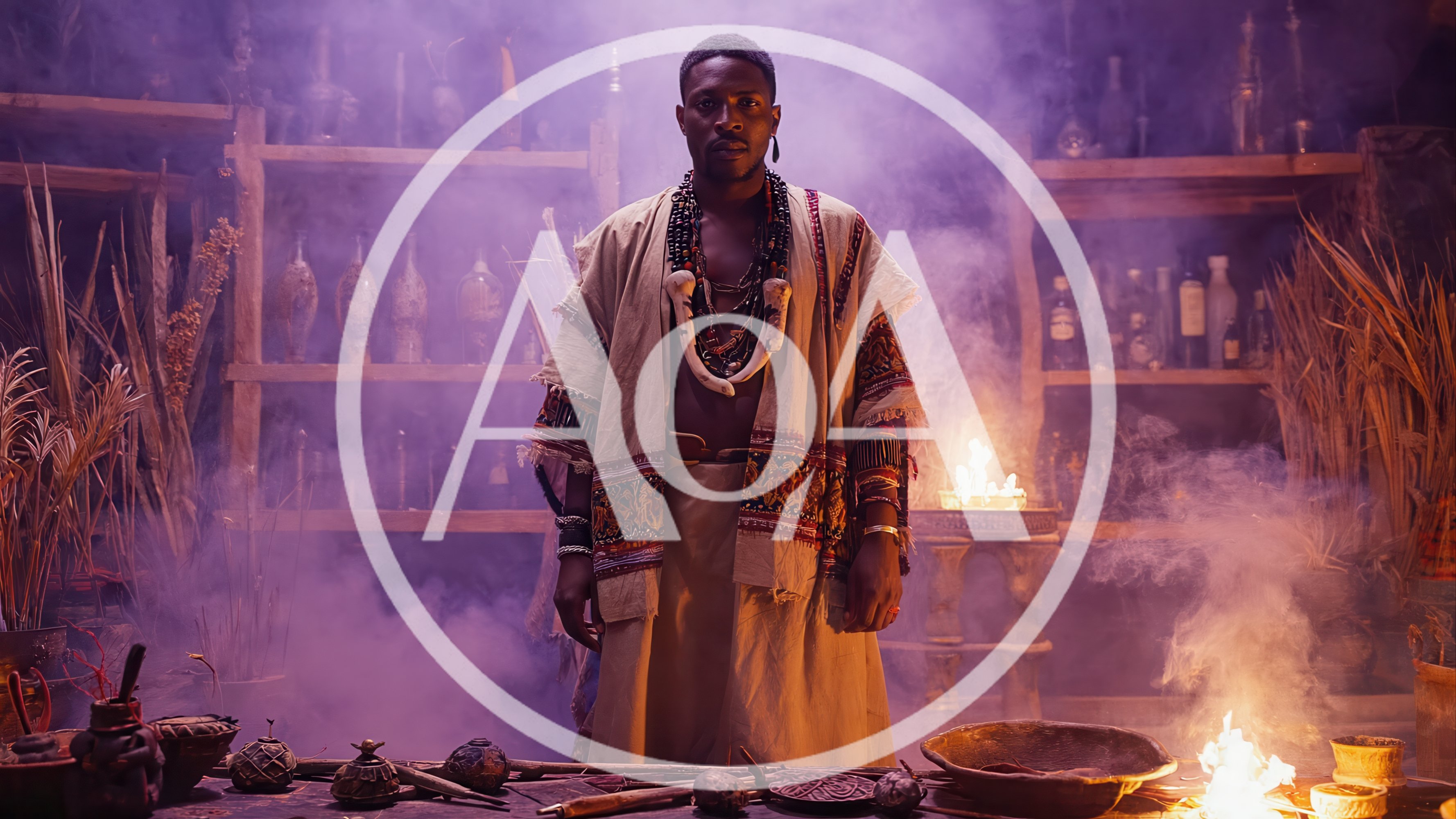African Shaman Performing Ritual In Smoky Temple