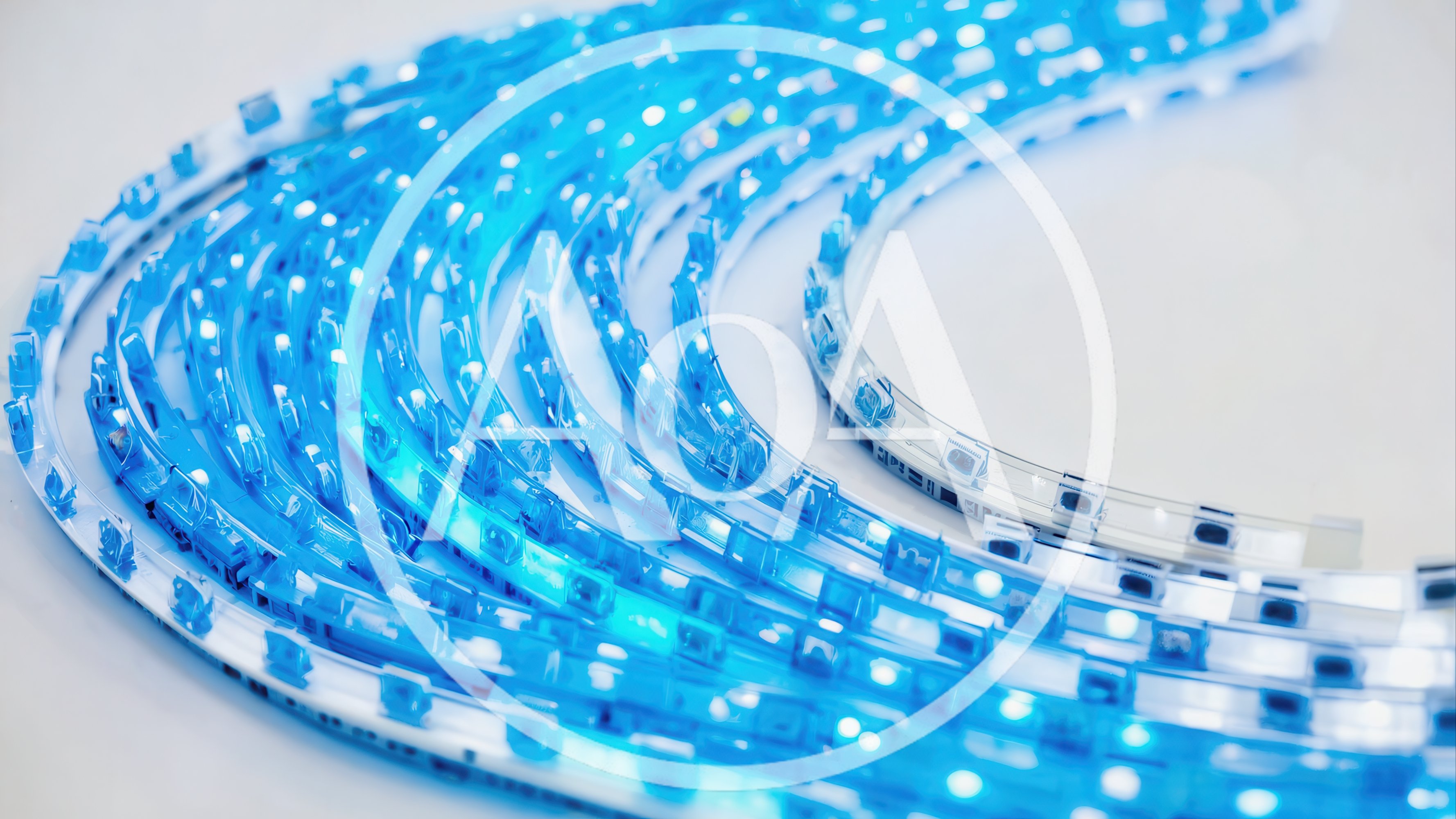 Coiled Blue LED Light Strip on White Background