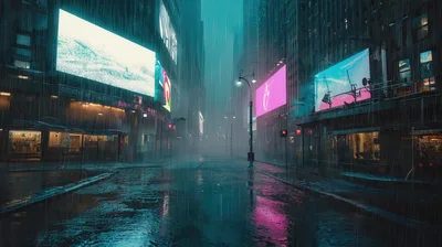 Rainy Night City Street With Glowing Neon Billboards