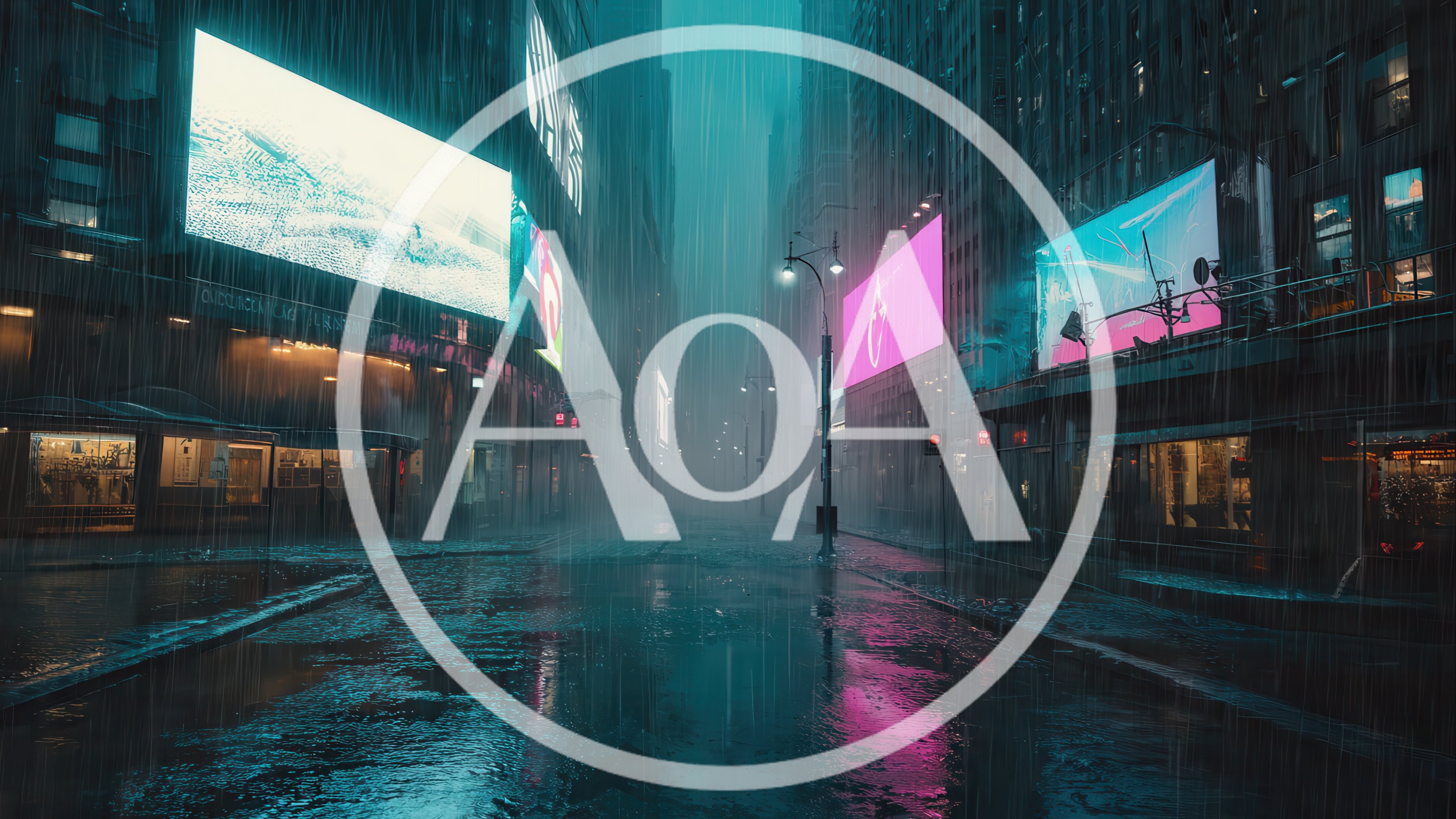 Rainy Night City Street With Glowing Neon Billboards