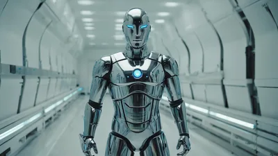 Futuristic Chrome Android Standing In A Sterile Corridor