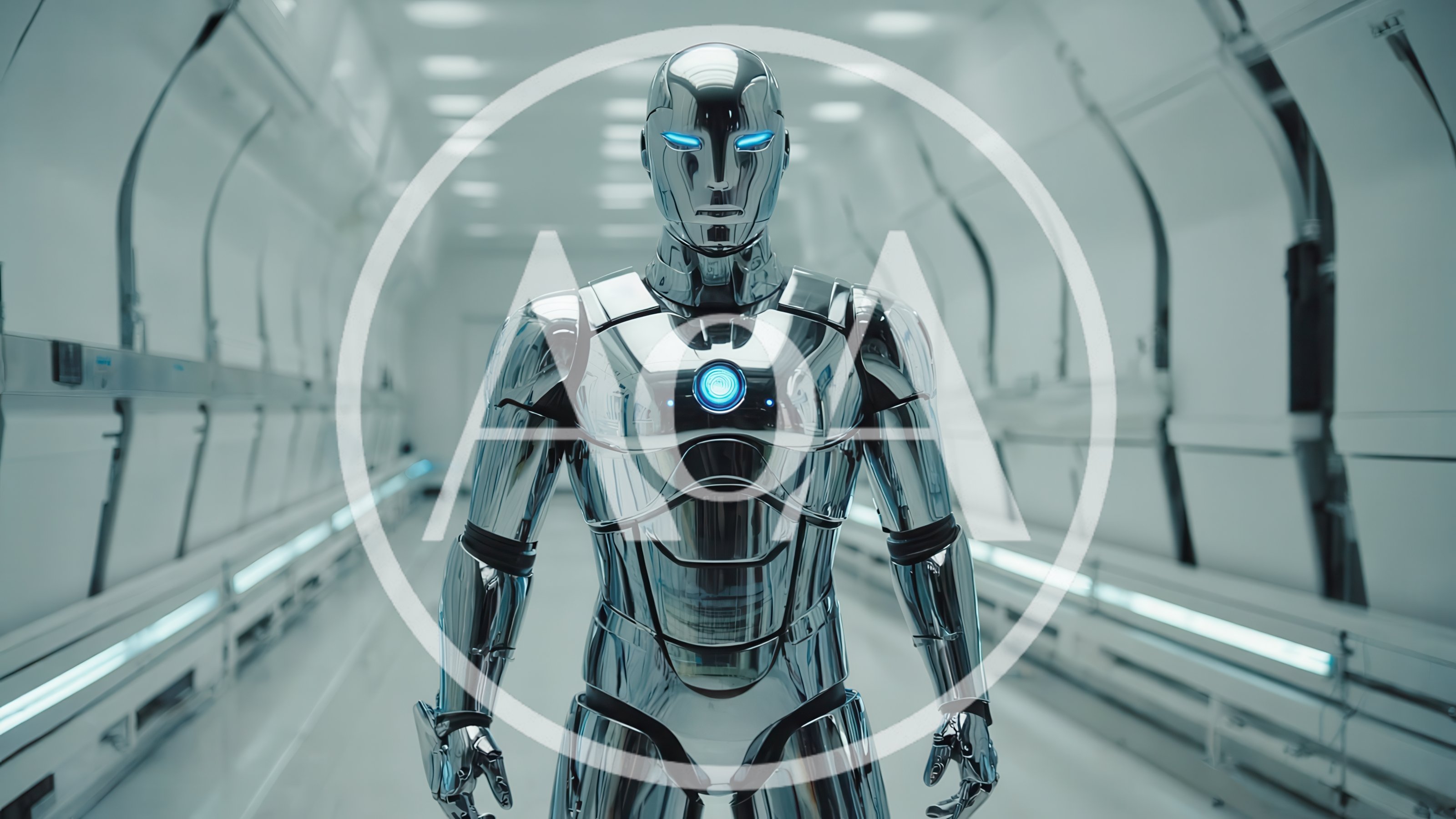 Futuristic Chrome Android Standing In A Sterile Corridor