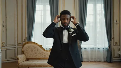 Elegant Groom Adjusting Hair in Luxury Palace Interior