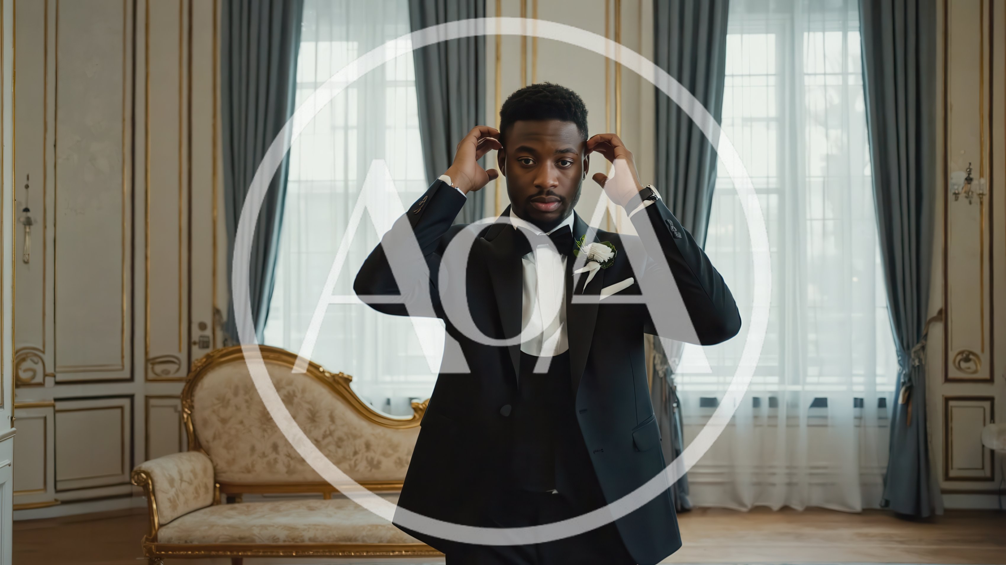 Elegant Groom Adjusting Hair in Luxury Palace Interior