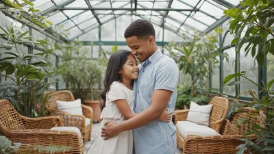 Father and Daughter Embracing in a Greenhouse