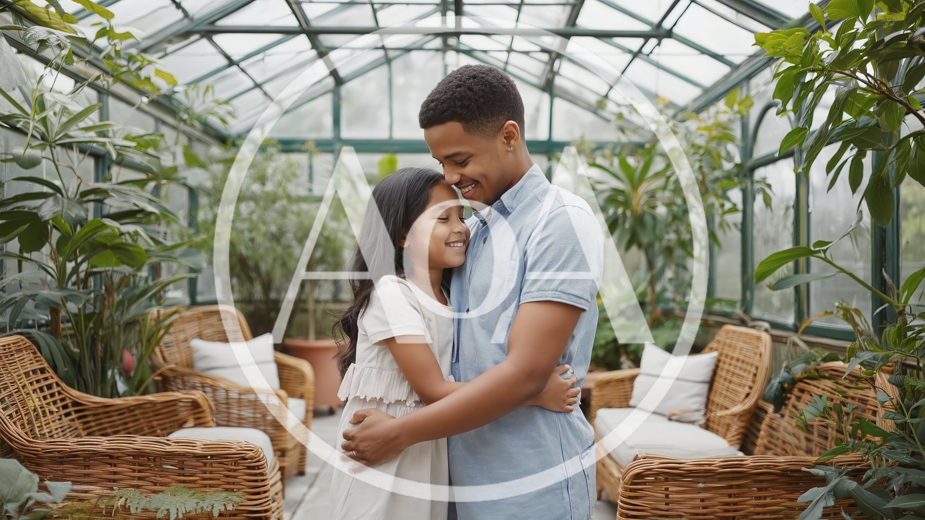 Father and Daughter Embracing in a Greenhouse