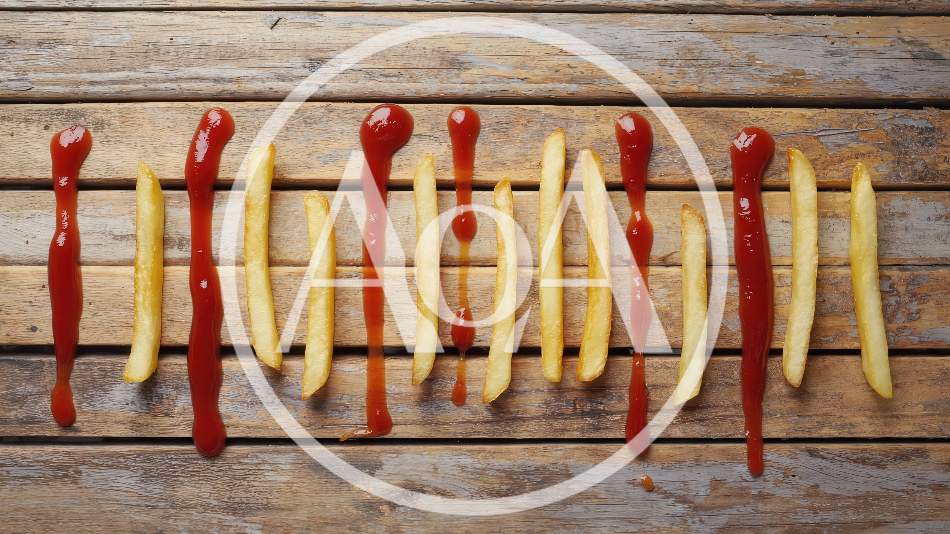 French Fries And Ketchup Lines On Wooden Table