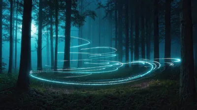 Glowing Light Trails Swirling Through A Dark Misty Forest