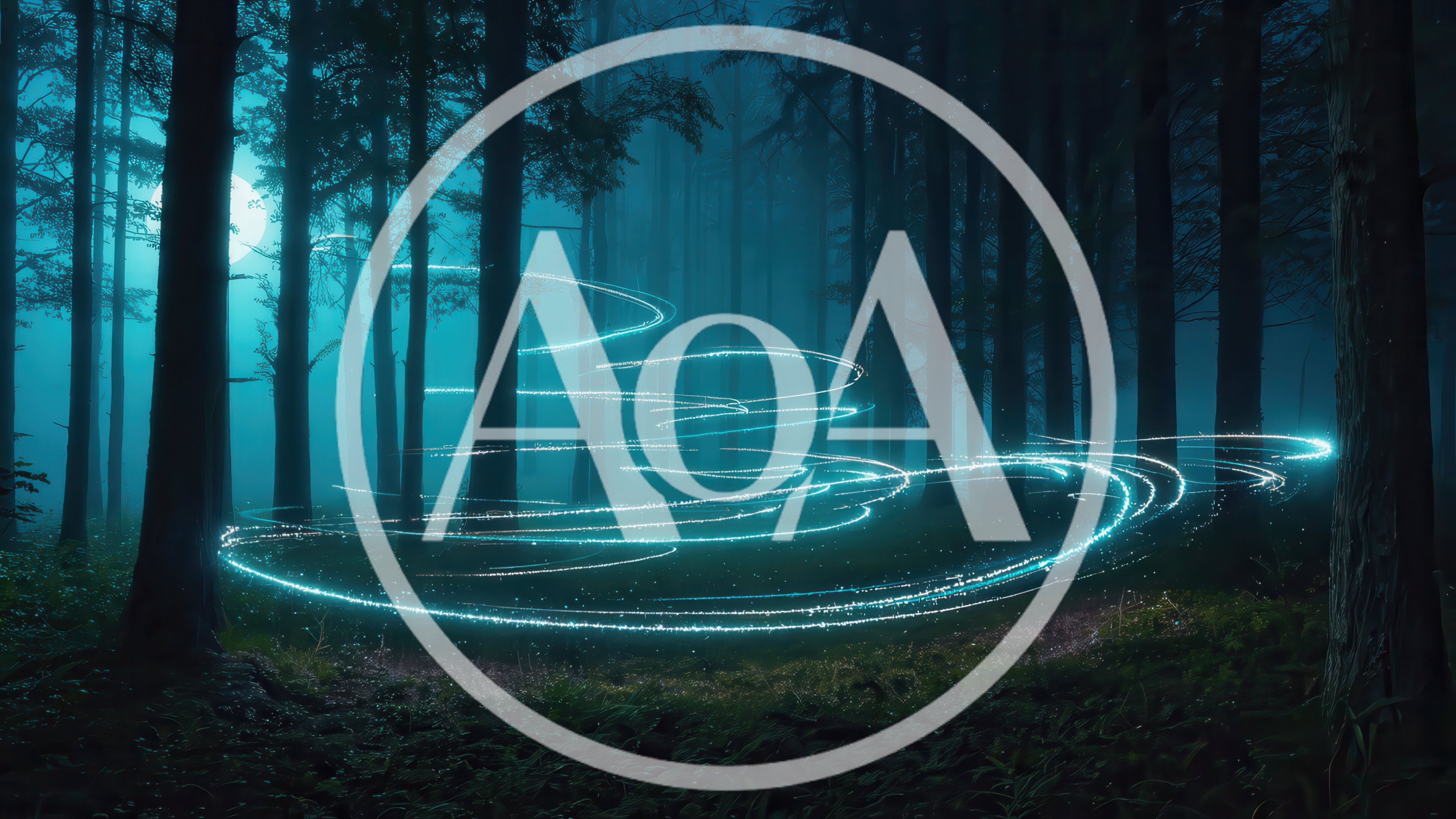 Glowing Light Trails Swirling Through A Dark Misty Forest