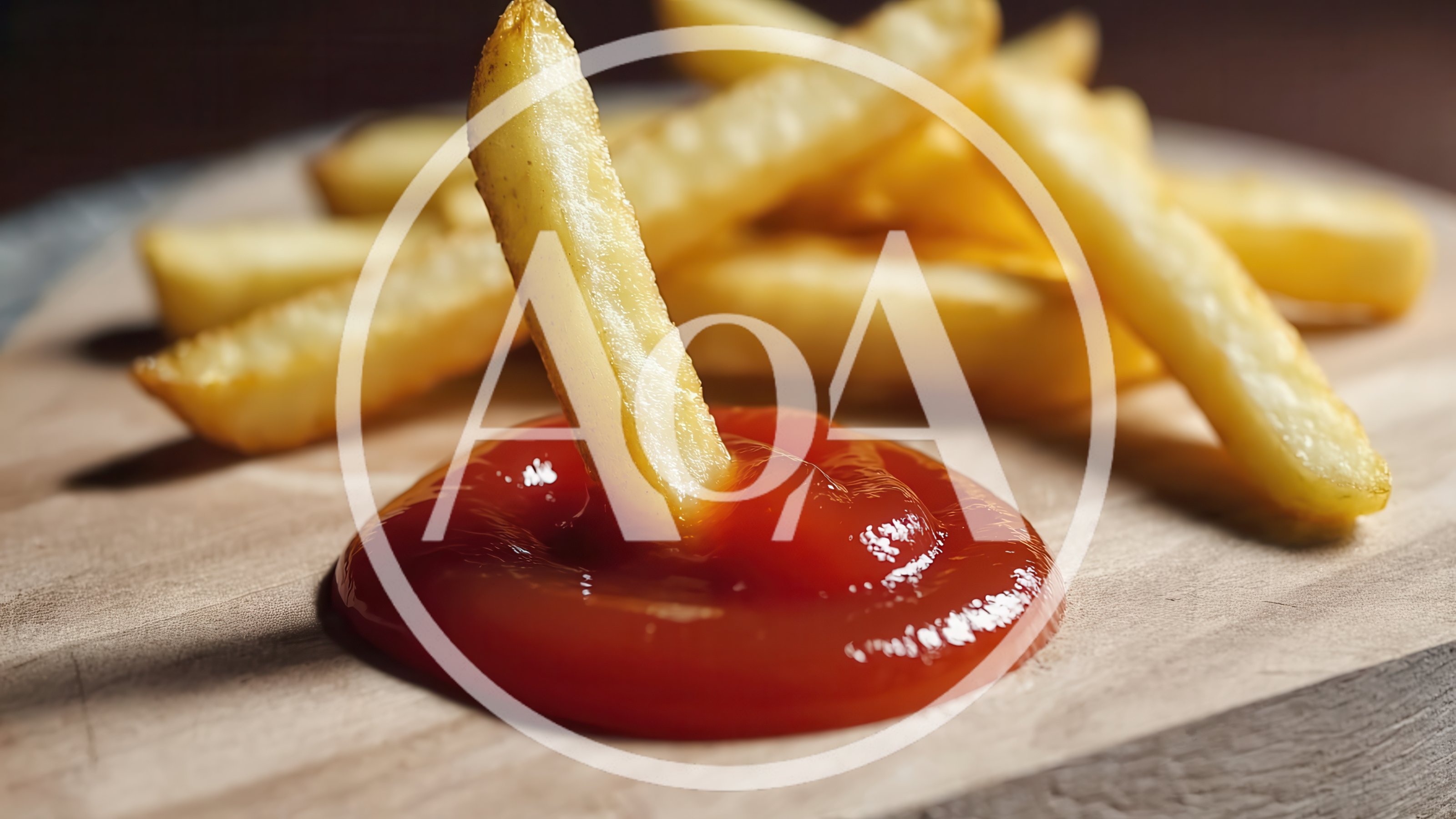French Fry Dipped In Ketchup On Wooden Board
