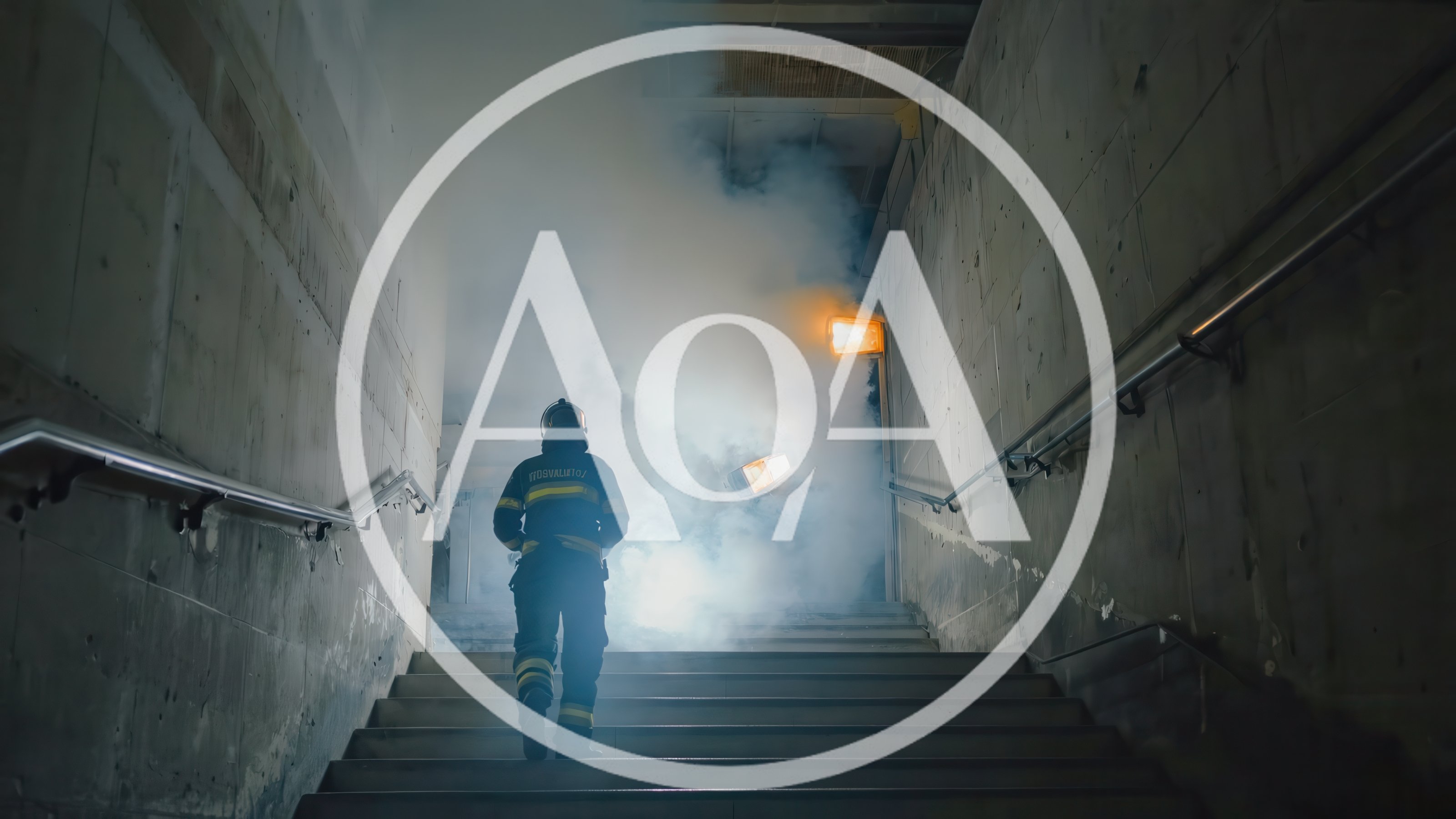 Firefighter Walking Up Stairs Into Thick Smoke