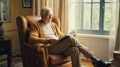 Elderly Man Reading A Book In A Leather Armchair