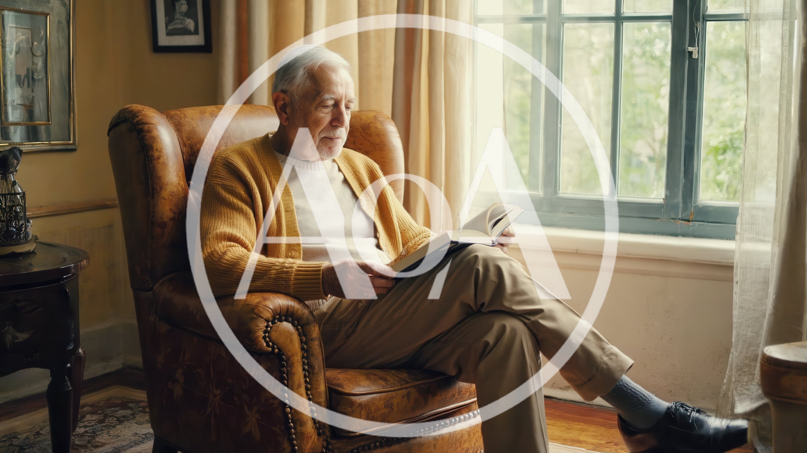 Elderly Man Reading A Book In A Leather Armchair