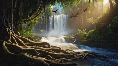 Majestic Waterfall In A Lush Tropical Rainforest