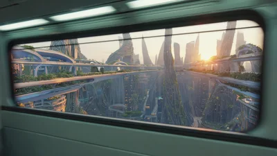 Futuristic Cityscape View From A High Speed Train Window