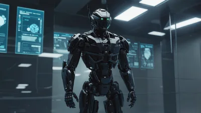 Futuristic Black Android Standing In High Tech Laboratory