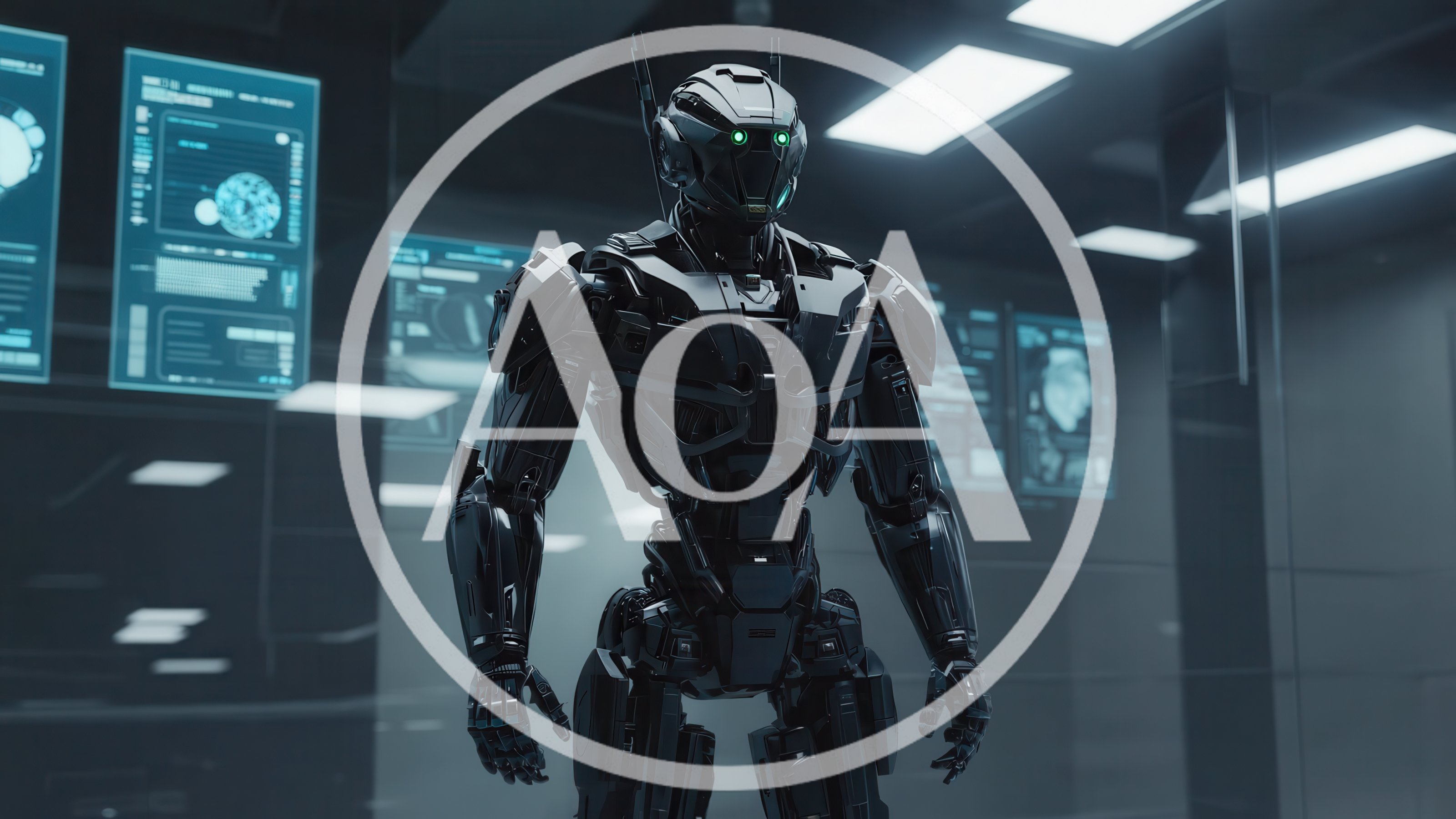 Futuristic Black Android Standing In High Tech Laboratory