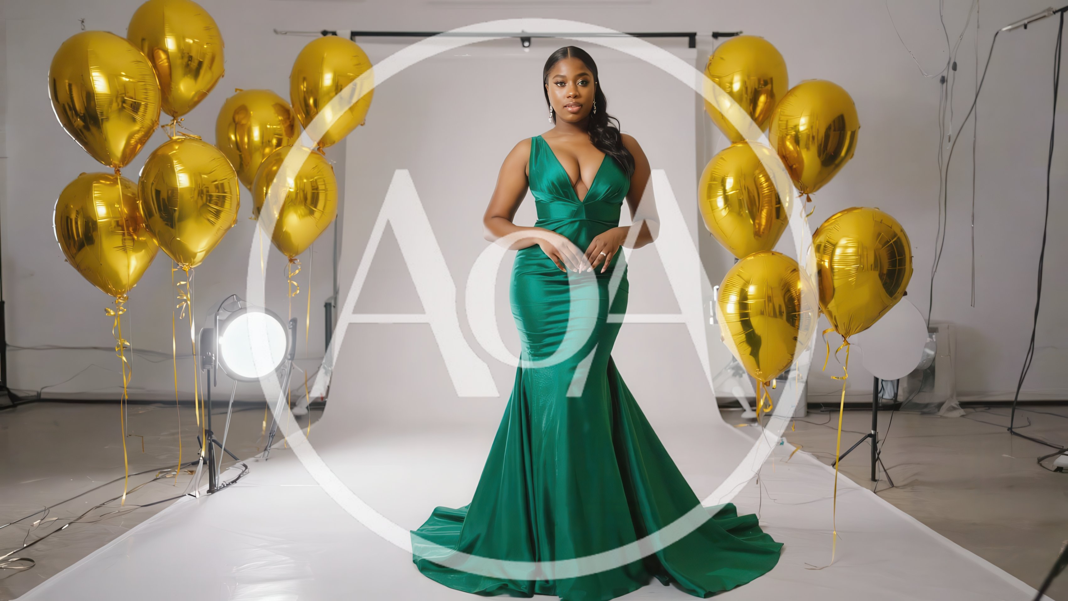 Elegant Woman In Green Evening Gown With Gold Balloons