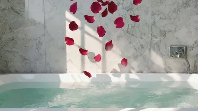 Red Rose Petals Falling Into A Bathtub