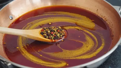 Wooden Spoon With Spices In A Copper Pan