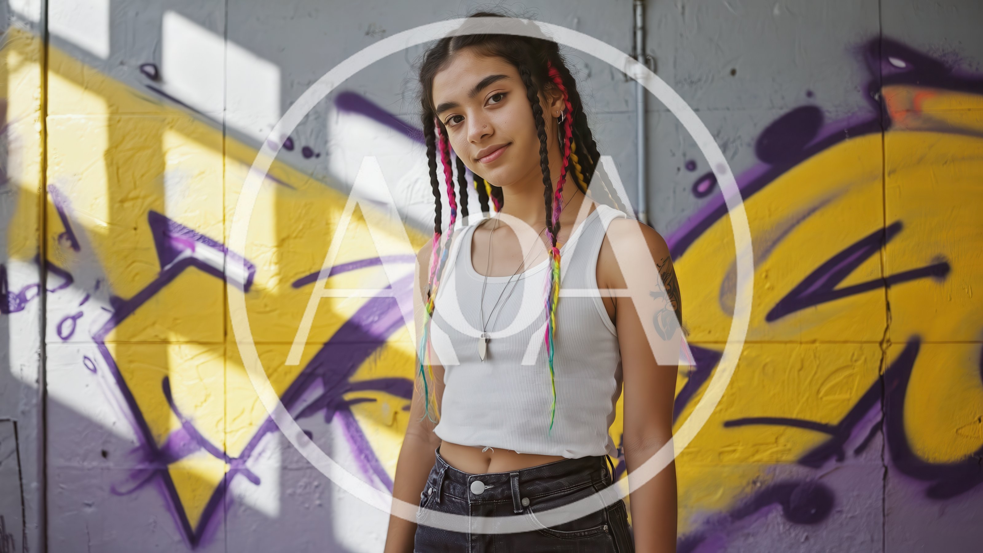 Young Woman With Braided Hair Standing Against Graffiti Wall