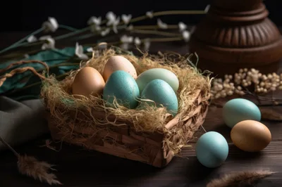 Easter Eggs In A Woven Basket On Wooden Table