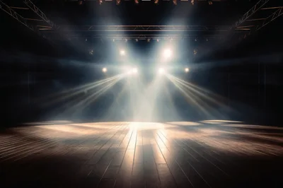 Empty Wooden Stage With Dramatic Spotlight Beams