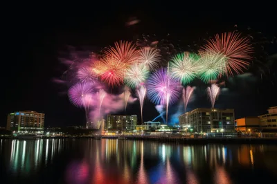 Vibrant Fireworks Display Over Waterfront City Skyline