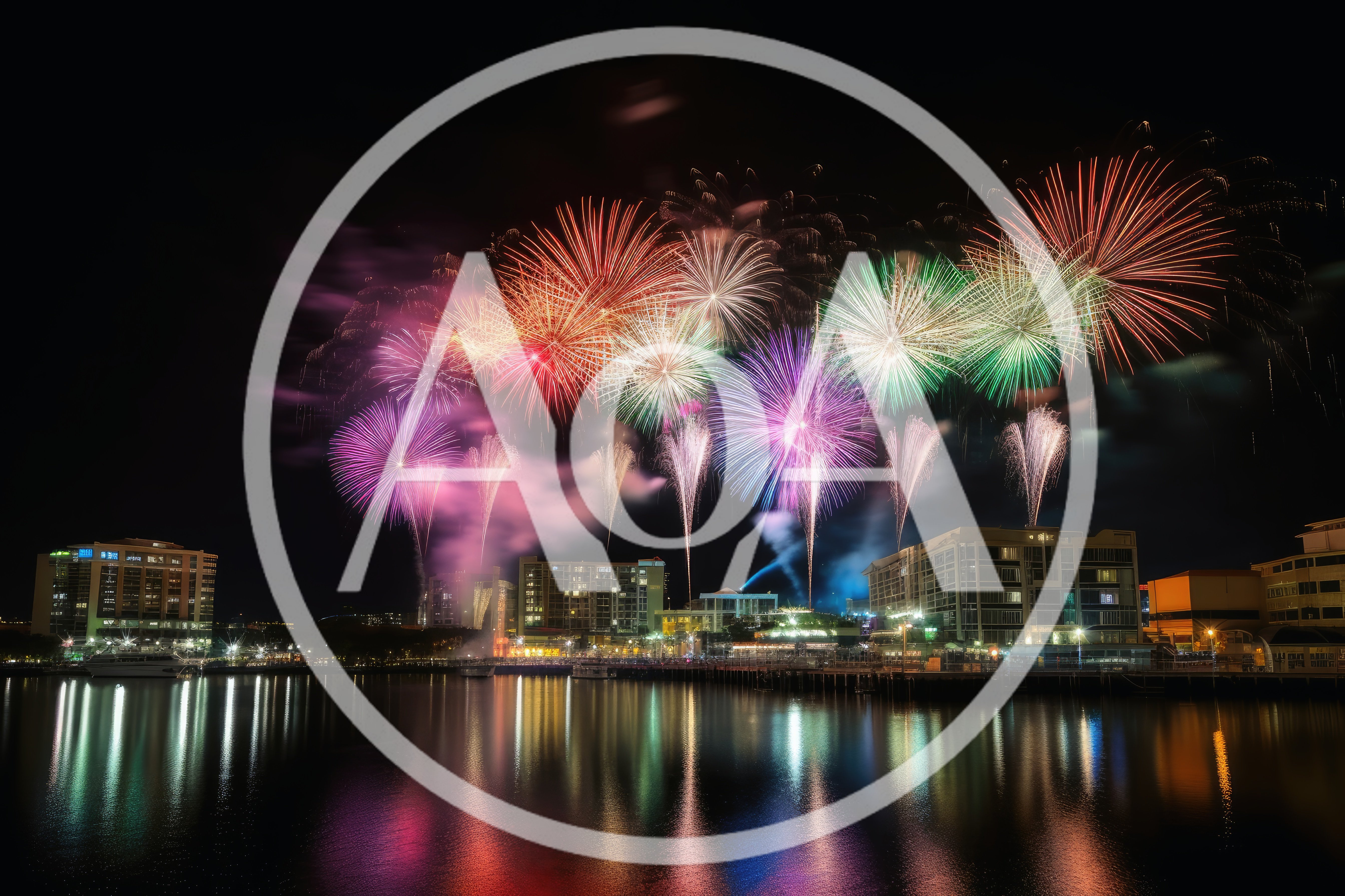 Vibrant Fireworks Display Over Waterfront City Skyline