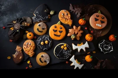 Assorted Halloween Themed Cookies On A Dark Slate