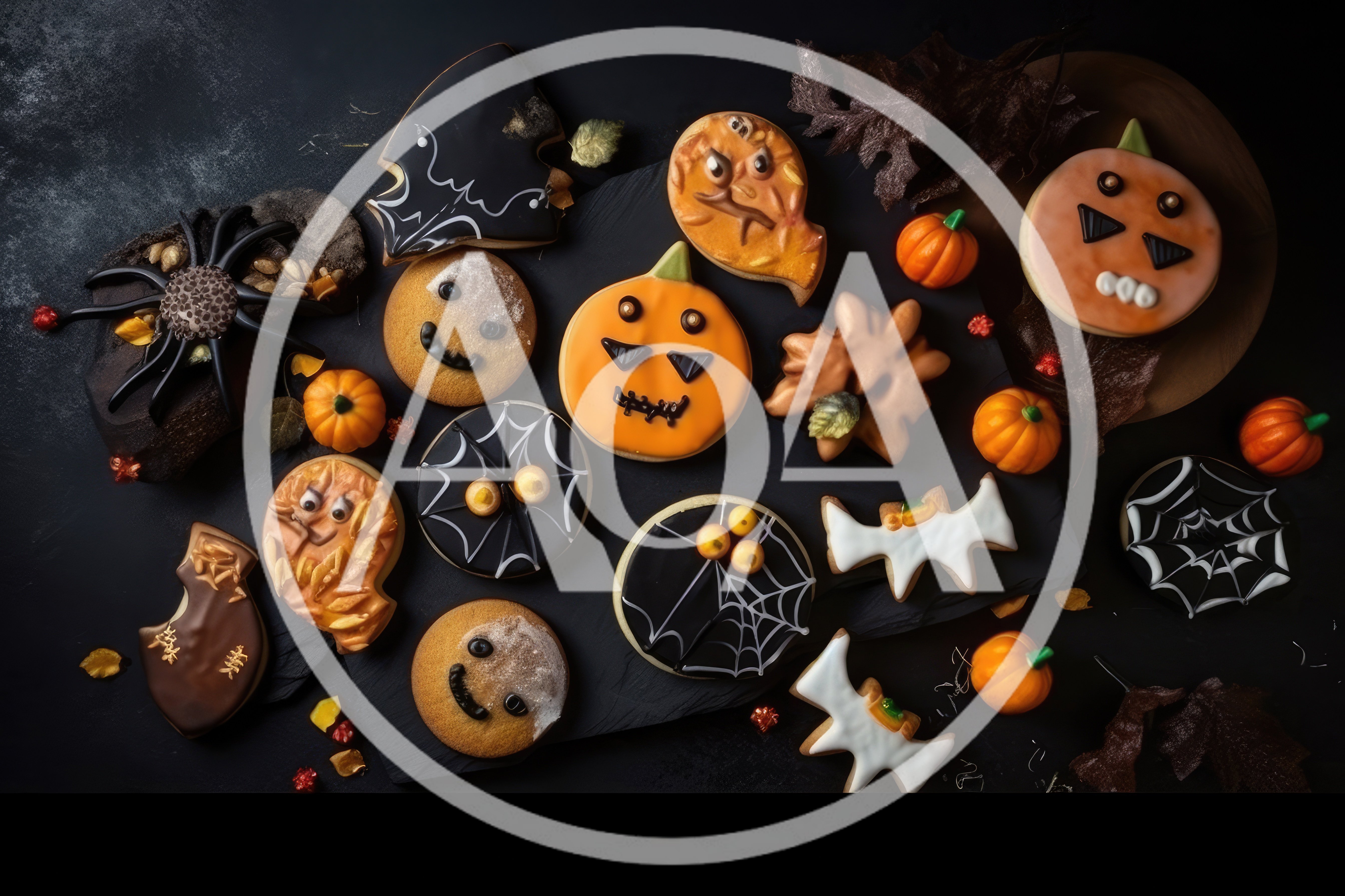 Assorted Halloween Themed Cookies On A Dark Slate
