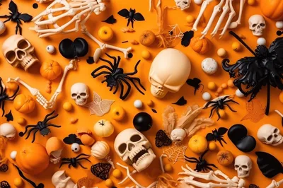 Halloween Flat Lay With Skulls And Spiders