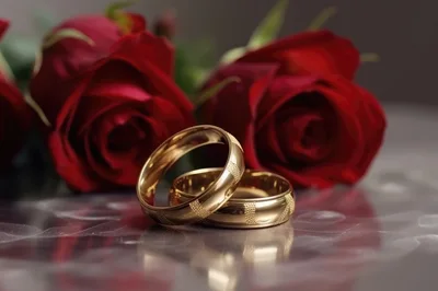 Two Gold Wedding Rings With Red Roses