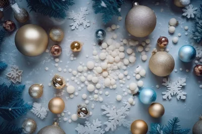 Christmas Ornaments And Snowflakes On A Snowy Background