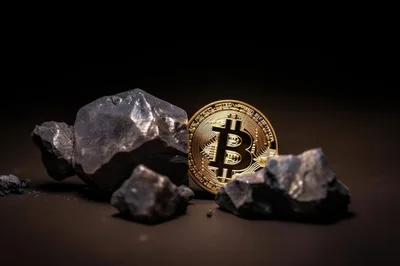Gold Bitcoin Coin Resting Against Dark Raw Ore Rocks