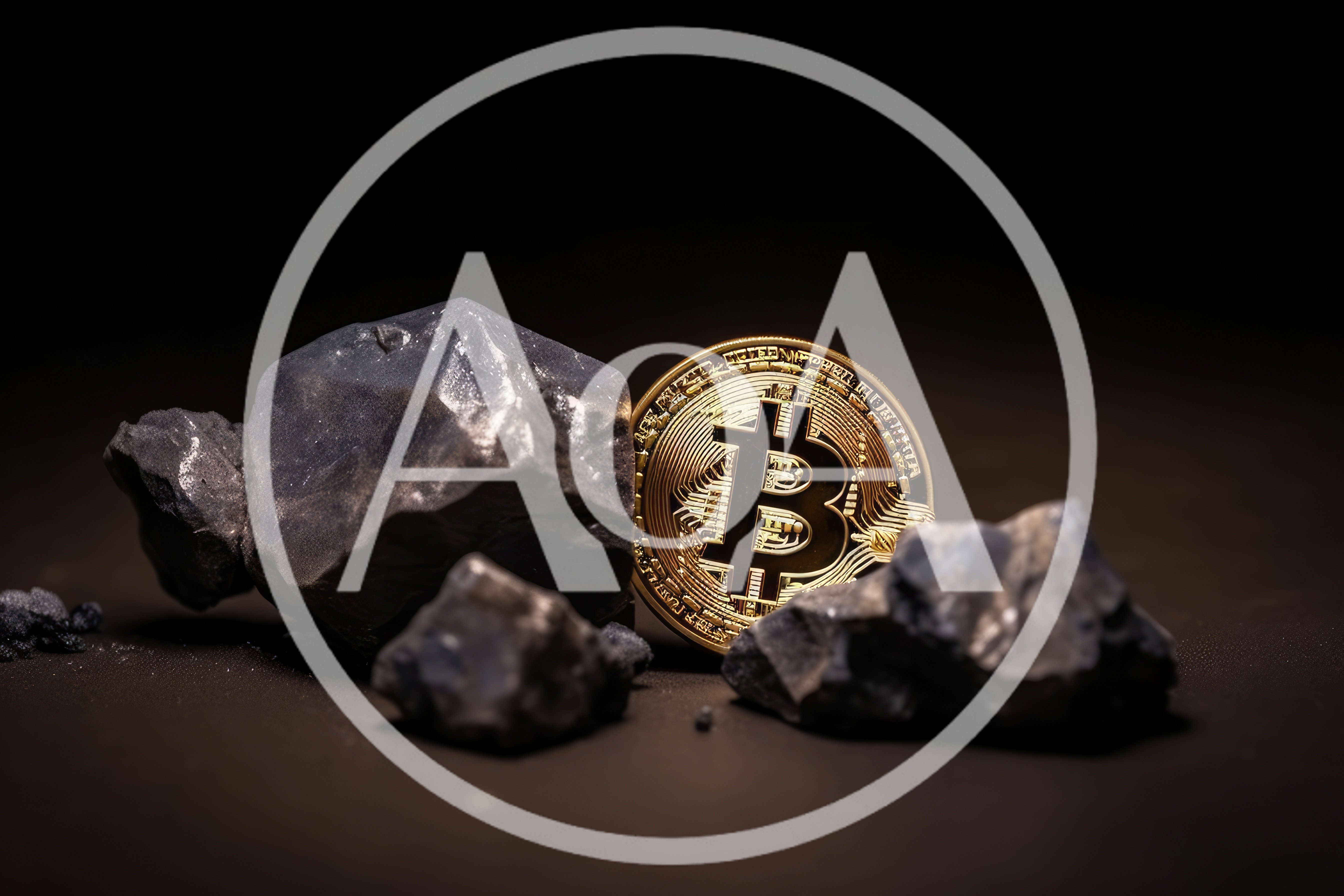 Gold Bitcoin Coin Resting Against Dark Raw Ore Rocks