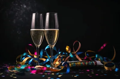 Two Champagne Flutes With Party Streamers And Confetti