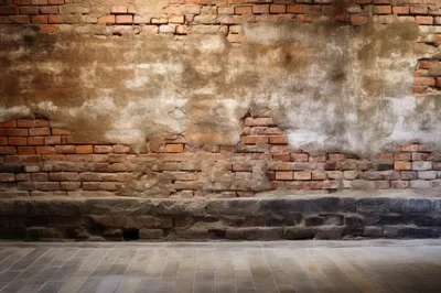 Old Weathered Brick Wall With Stone Base