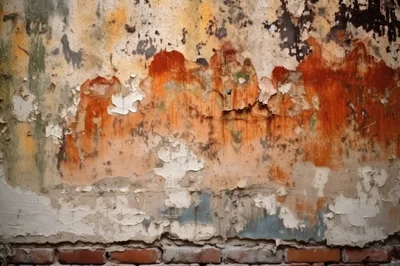 Weathered Wall With Peeling Paint And Exposed Brick