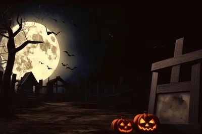 Spooky Halloween Scene With Jack O Lanterns And Full Moon